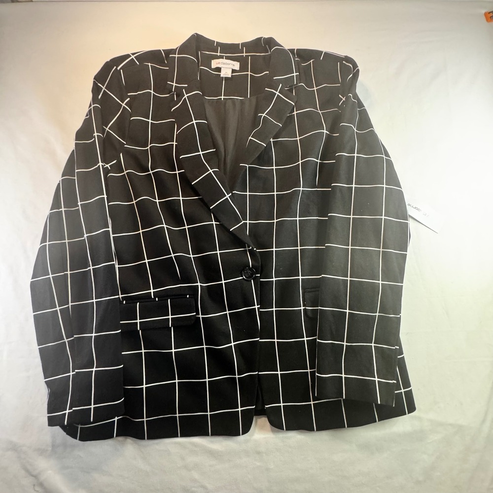 Liz Claiborne Blazer 18 Black White Windowpane Grid Single Button Lined Jacket
